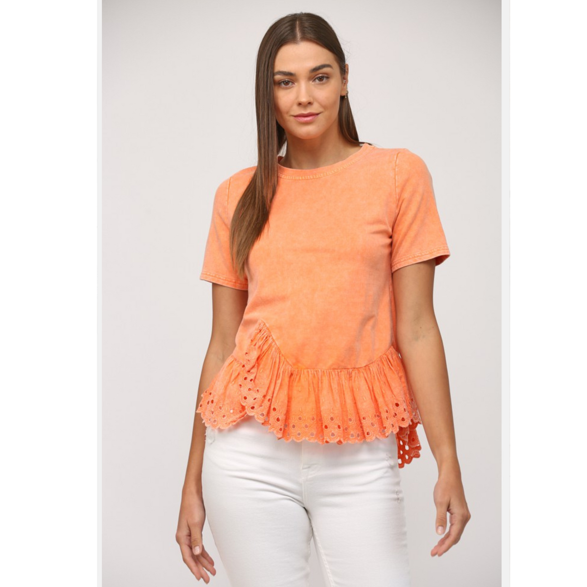 Lace Trimmed Ruffle Hem Washed Top