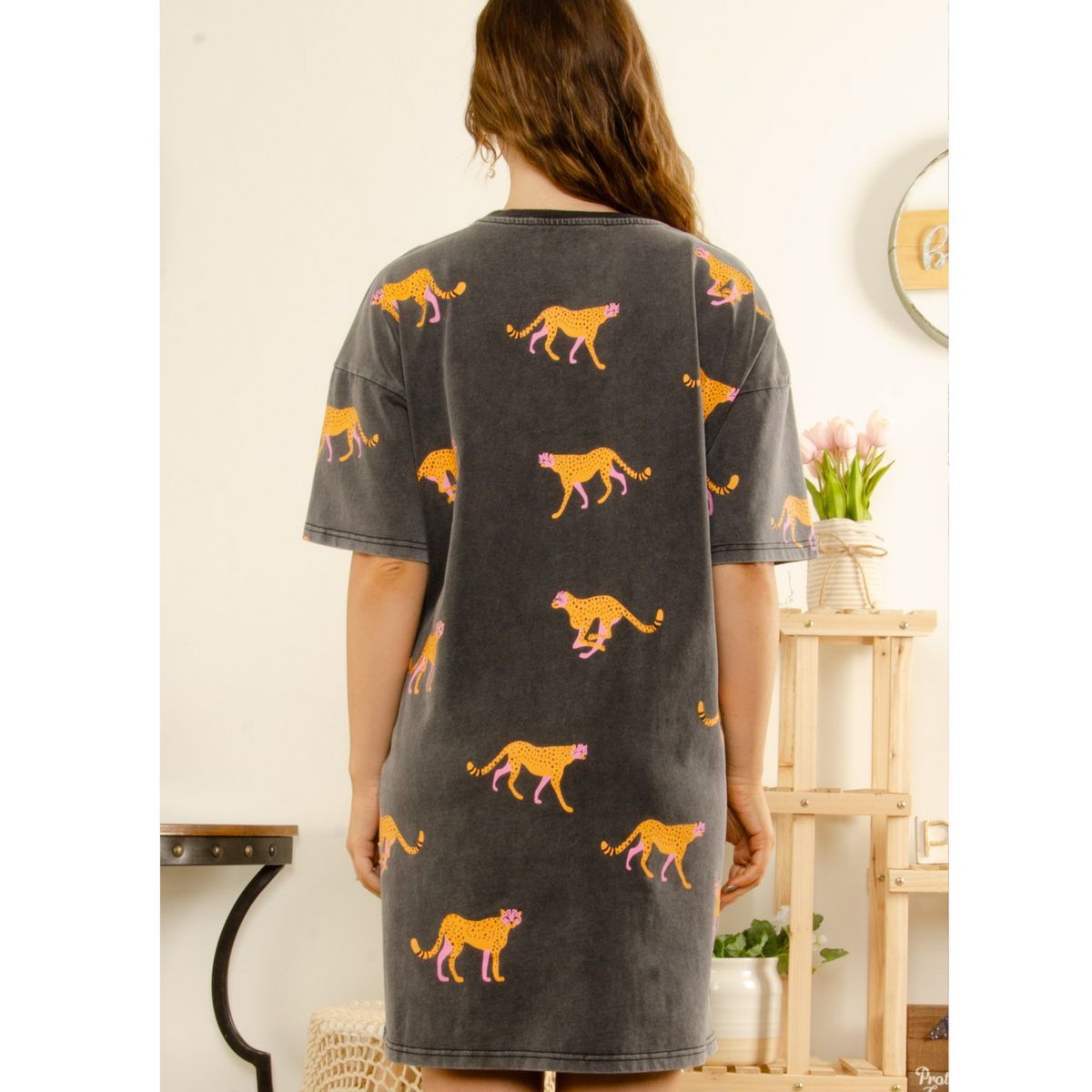Washed Cheetah Print T-Shirt Dress
