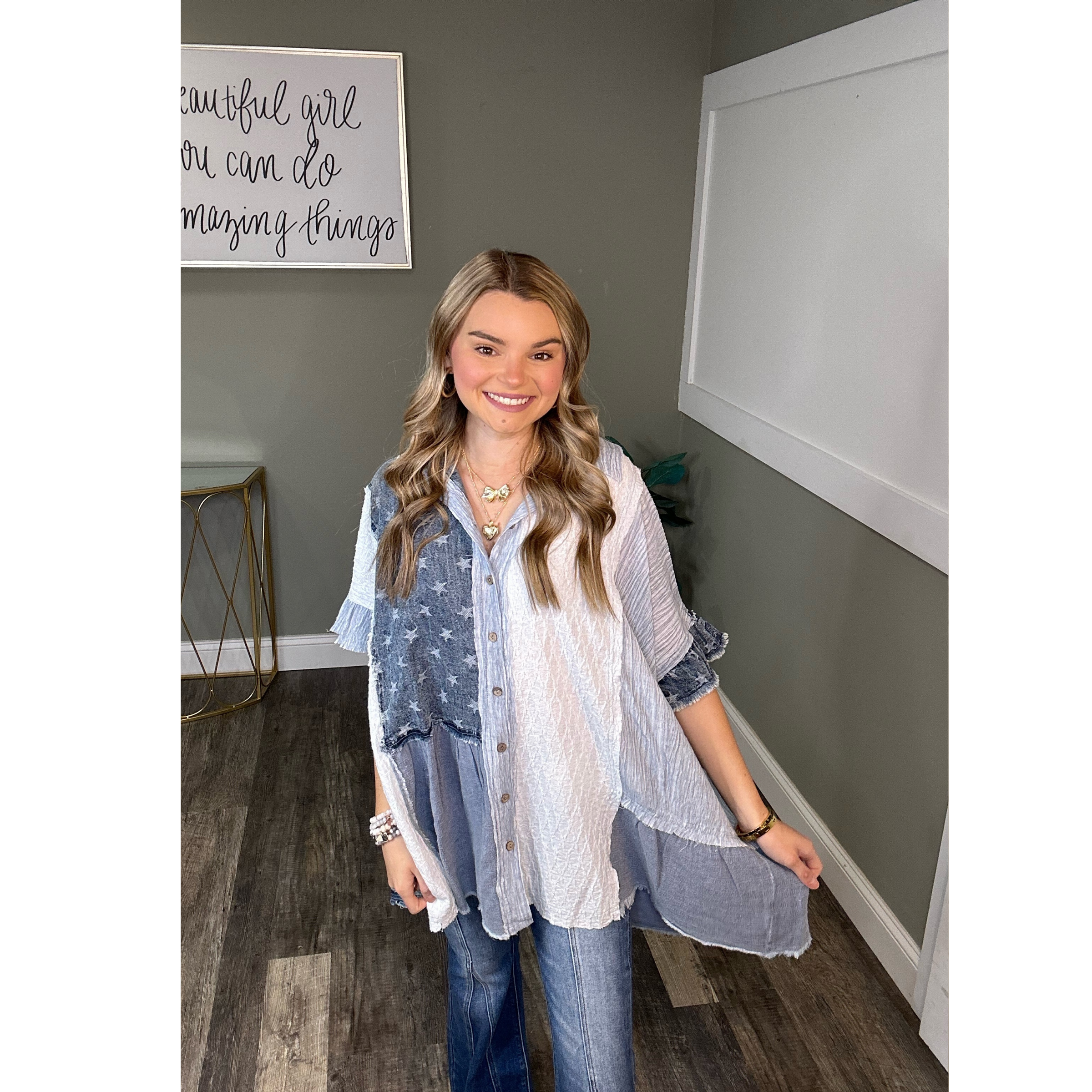 Oversized Denim Stars Top