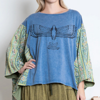 Blue Velvet Bird Poncho Sleeves Top