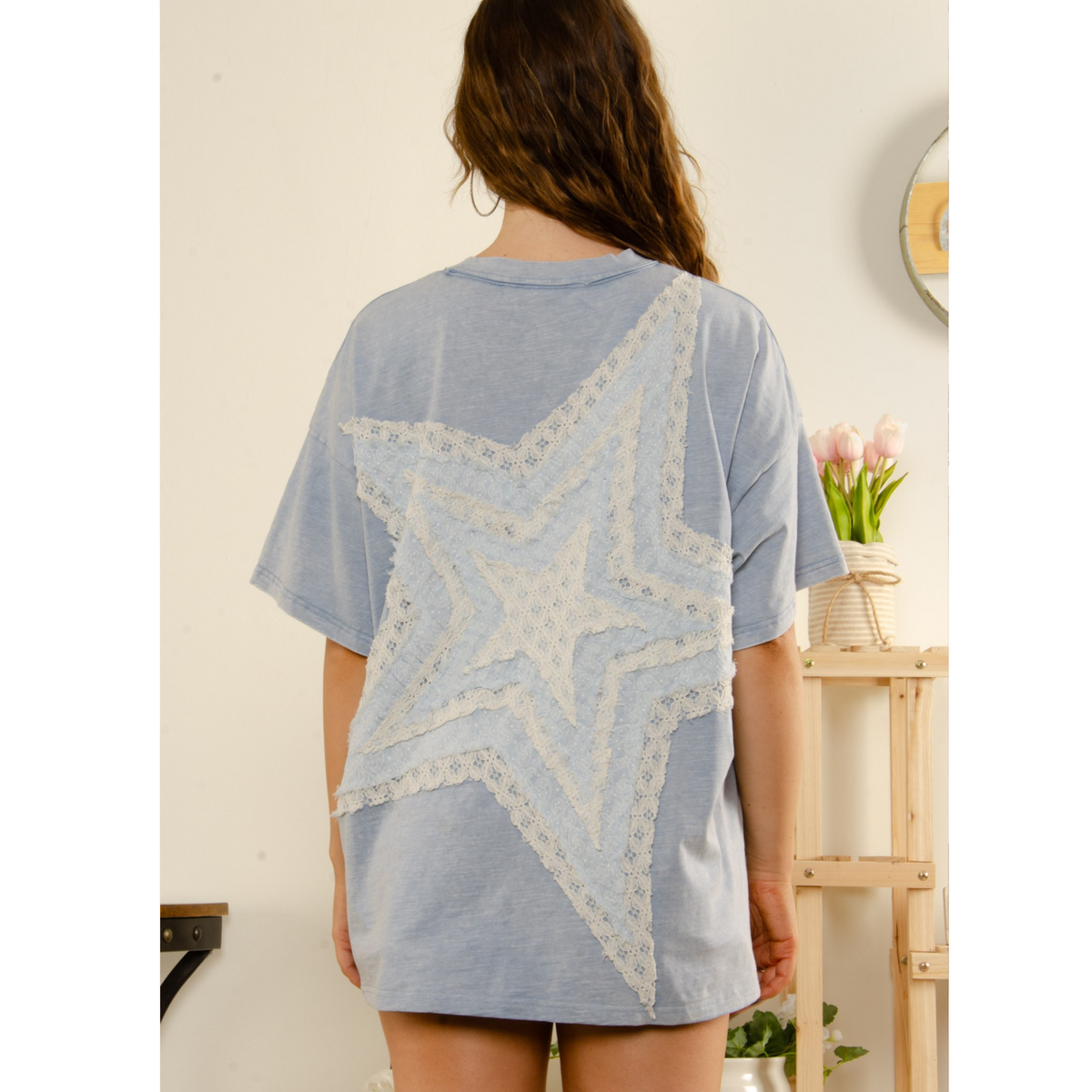 Mineral Washed Cotton Star Patch Short Sleeve Top