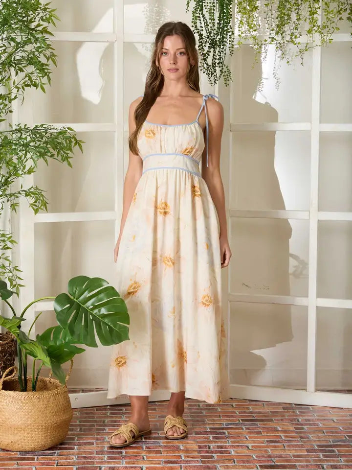 Watercolor Floral Spaghetti Tie Strap Midi Dress L