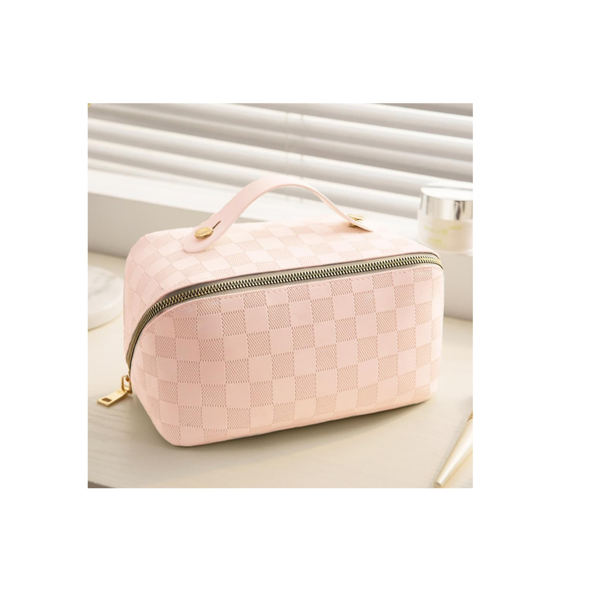 Checker Vegan Leather Travel Makeup Bag