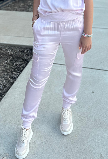 White silk joggers top