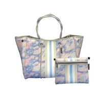 PreneLove tote bag and wristlet in Hampton. Pink and blue watercolor with blue stripe down the center