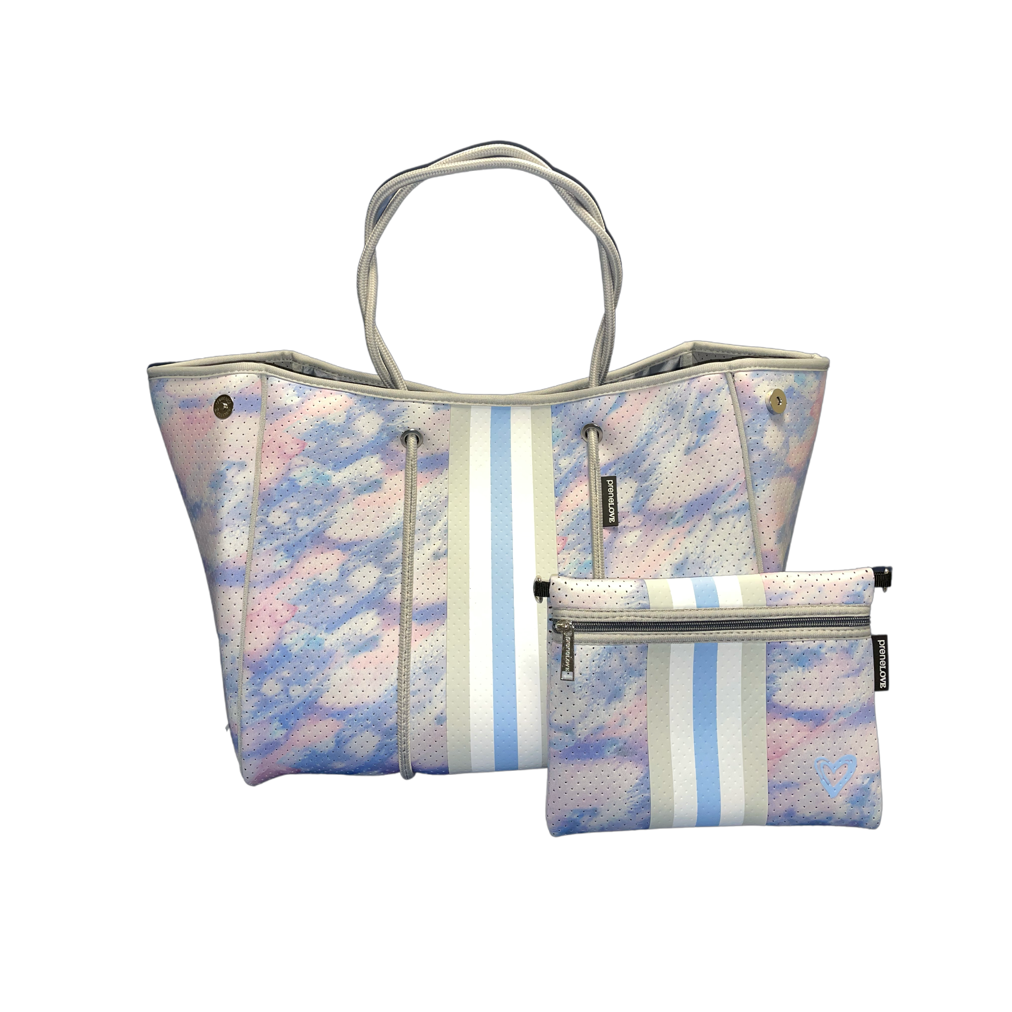 PreneLove tote bag and wristlet in Hampton. Pink and blue watercolor with blue stripe down the center