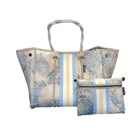 PreneLove tote bag and wristlet in Georgina. Pastel blue snake print with stripe down the center