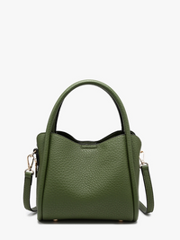 An olive green pebbled leather handbag with a top handle, a detachable shoulder strap, and gold-tone hardware, shown against a plain white background.