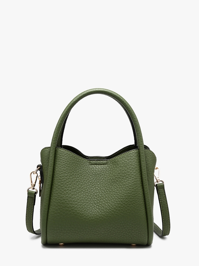 An olive green pebbled leather handbag with a top handle, a detachable shoulder strap, and gold-tone hardware, shown against a plain white background.