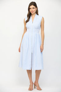 Striped Front Zip Closure V-Neckline Midi Dress