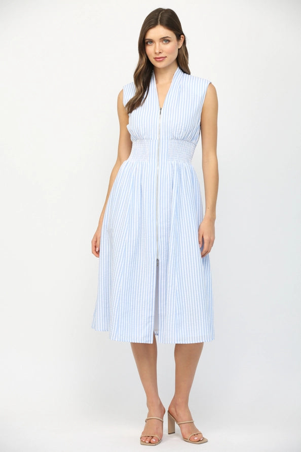 Striped Front Zip Closure V-Neckline Midi Dress