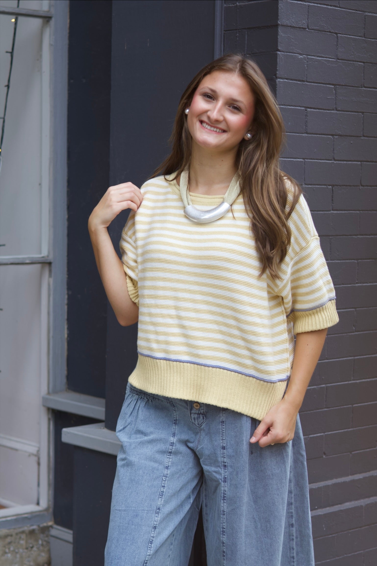 Stripe Sweetheart Trim Sweater