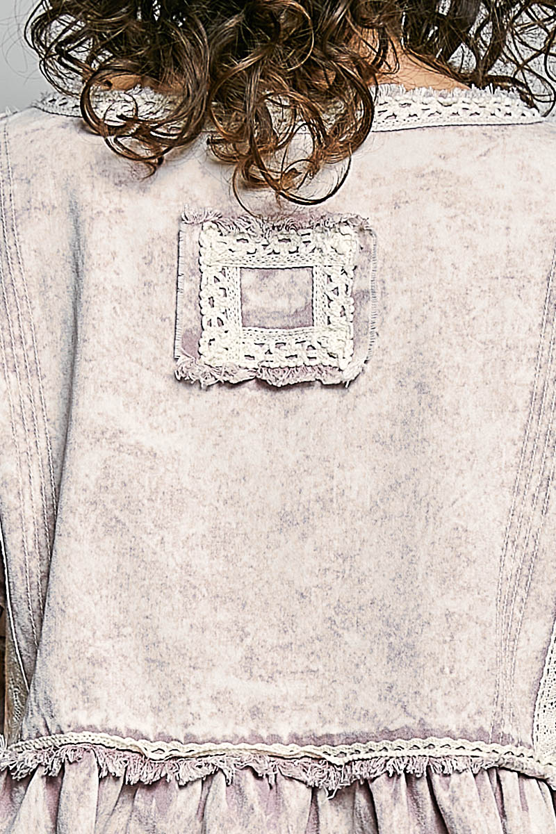 Butterfly Embroidered Denim Balloon Sleeve Top