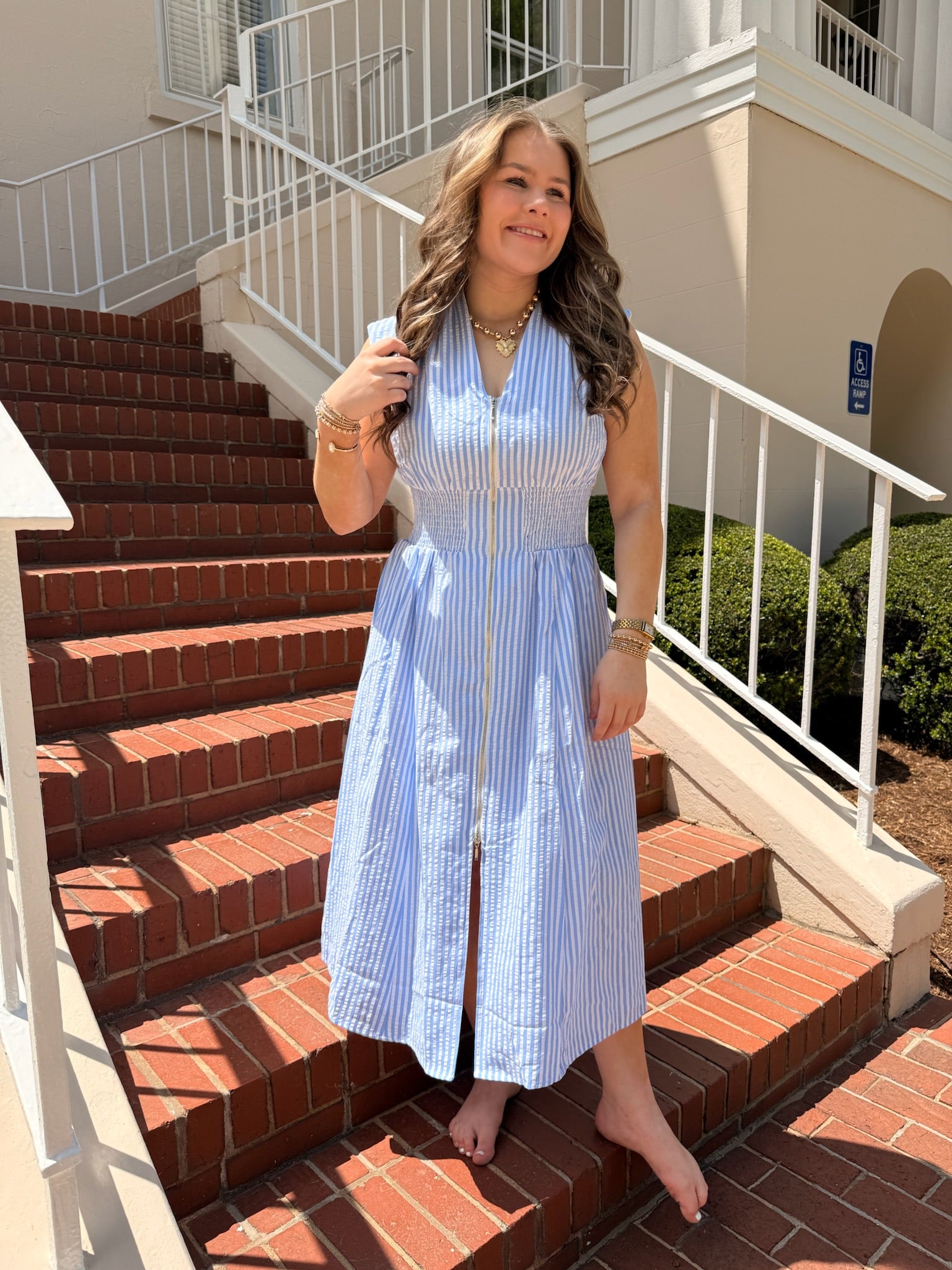 Striped Front Zip Closure V-Neckline Midi Dress