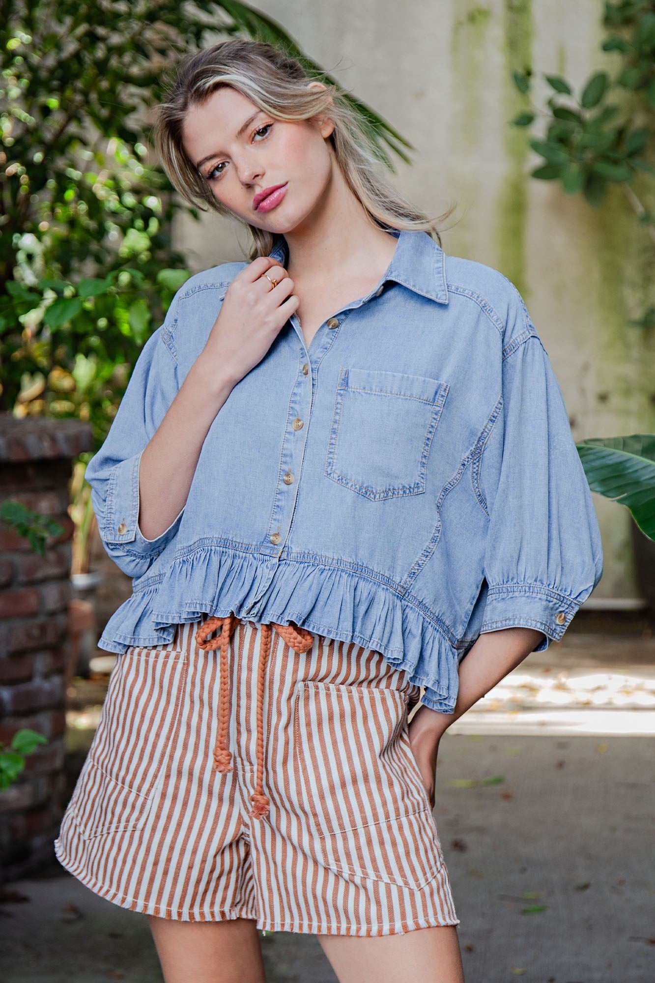 Ruffled Hem Button Down Denim Top