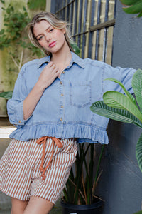 Ruffled Hem Button Down Denim Top