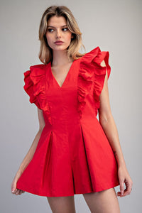 Solid Ruffled V-Neck Pleated Romper