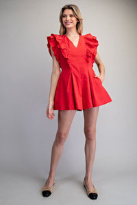 Solid Ruffled V-Neck Pleated Romper