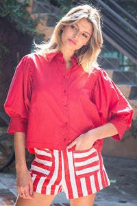 Solid Puff Sleeve Button Down Shirt
