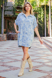 Mineral Washed Floral Printed Mini Dress