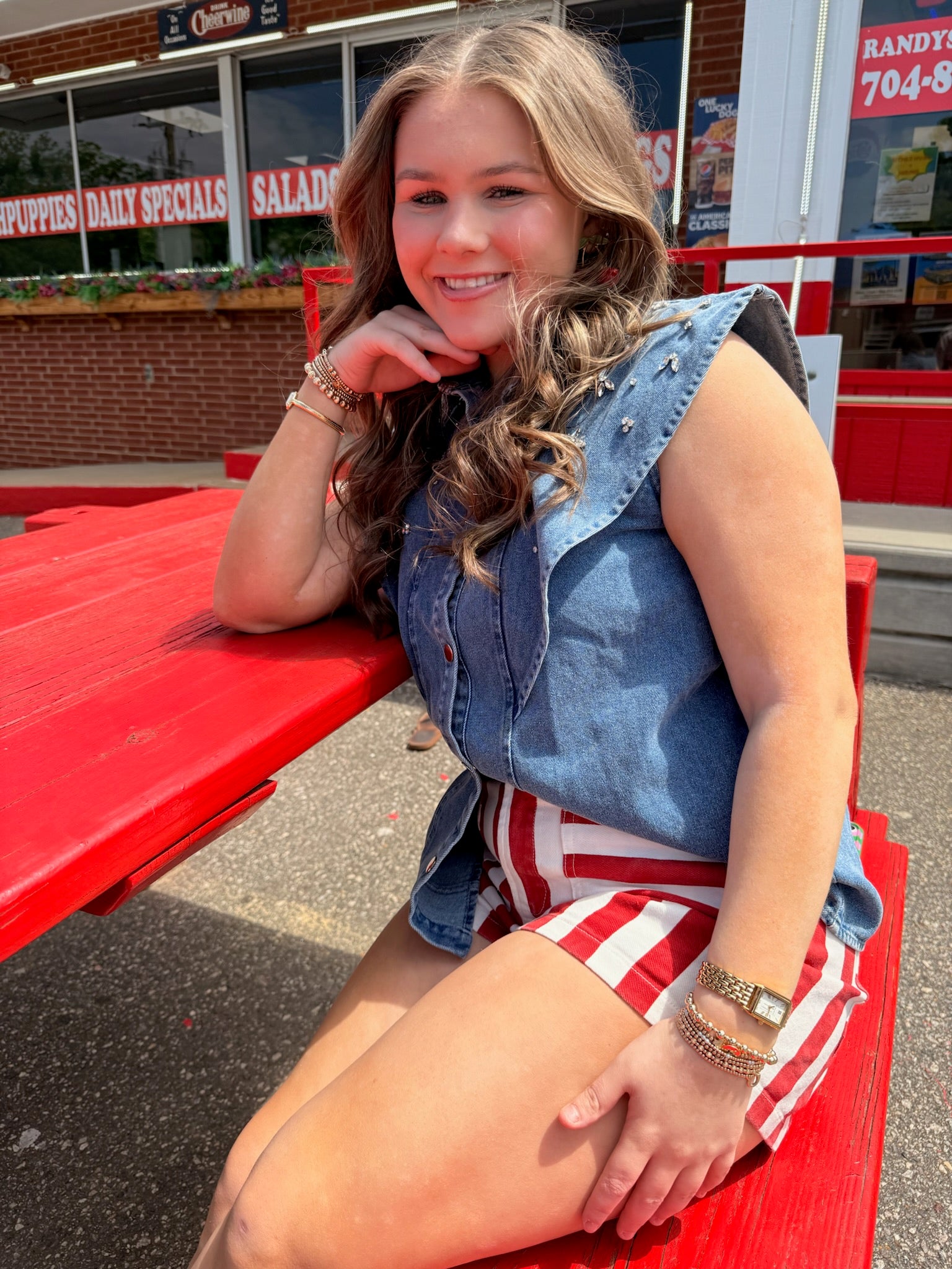 Rhinestone Structured Shoulder Denim Shirt for Women
