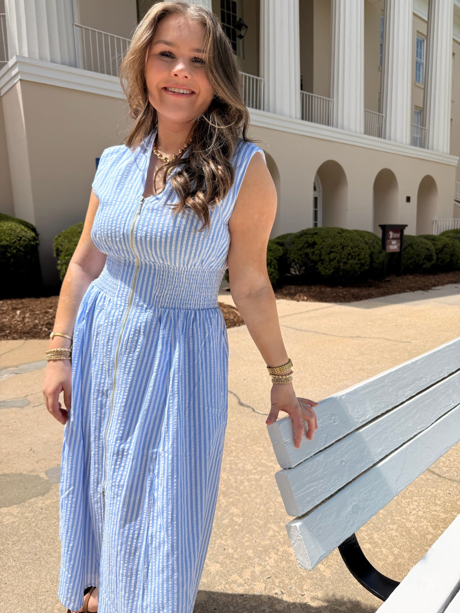 Striped Front Zip Closure V-Neckline Midi Dress