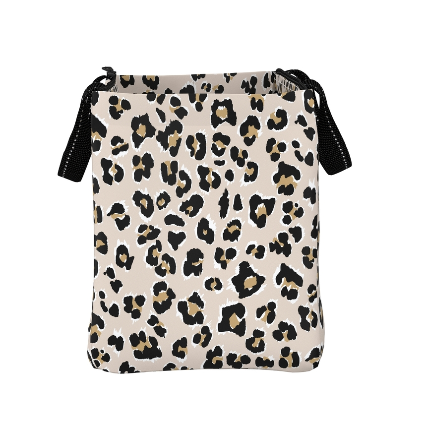 Leopard print bag with black drawstrings on a white background