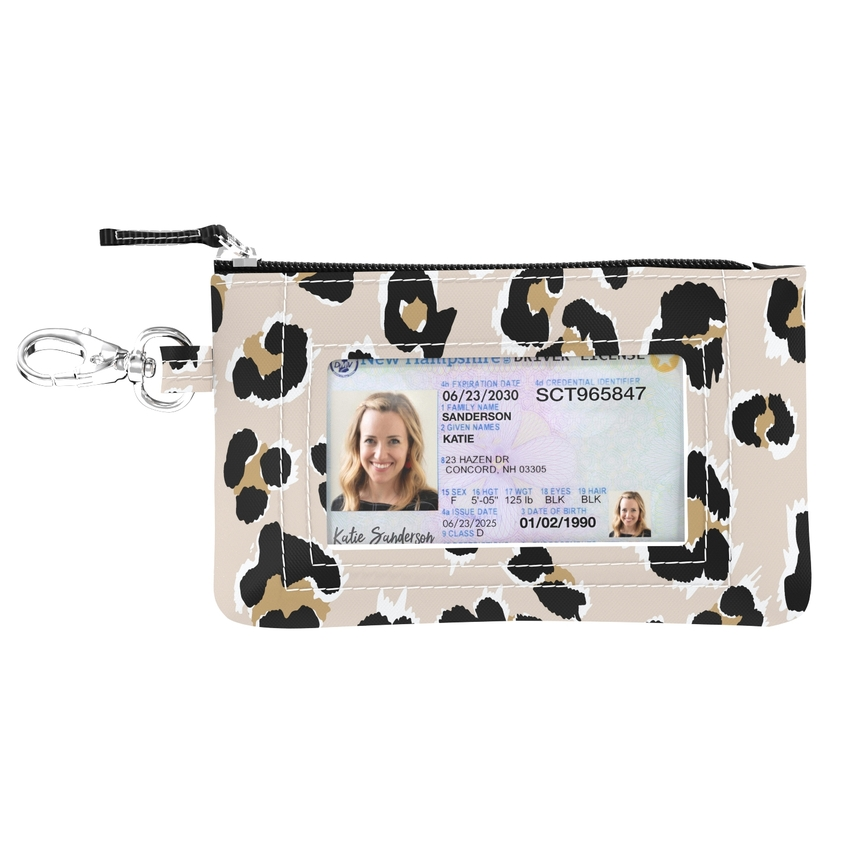 Leopard print pouch with card holder on a white background