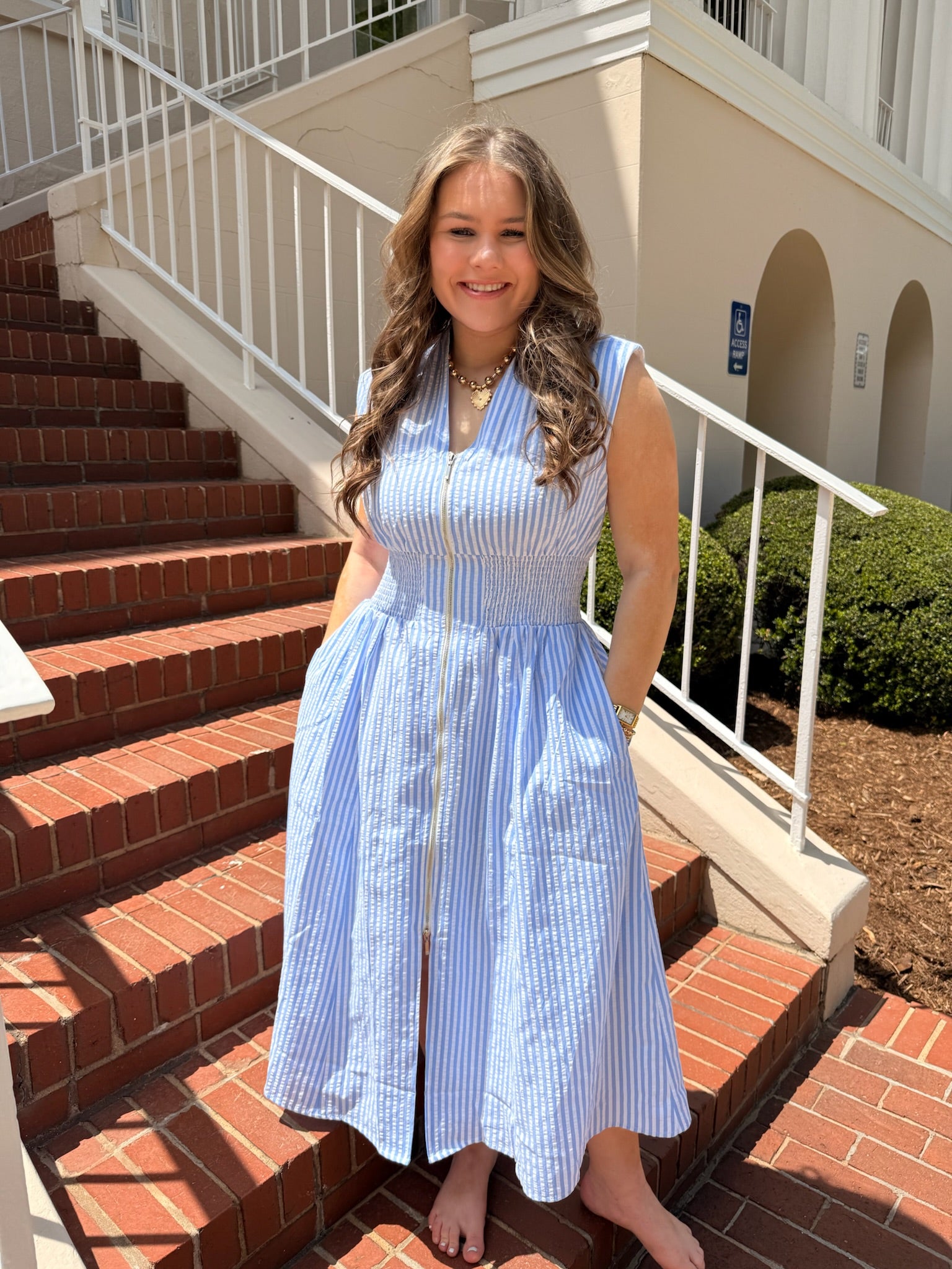 Striped Front Zip Closure V-Neckline Midi Dress