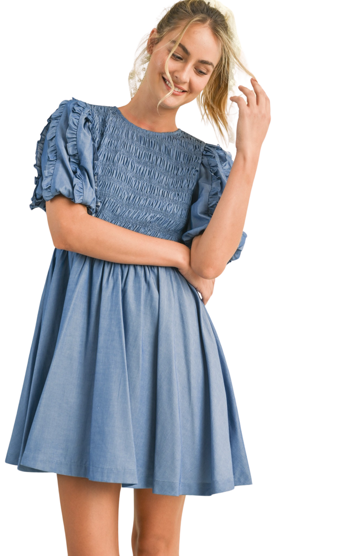 Ruffled Bubble Sleeve Smocked Mini Dress