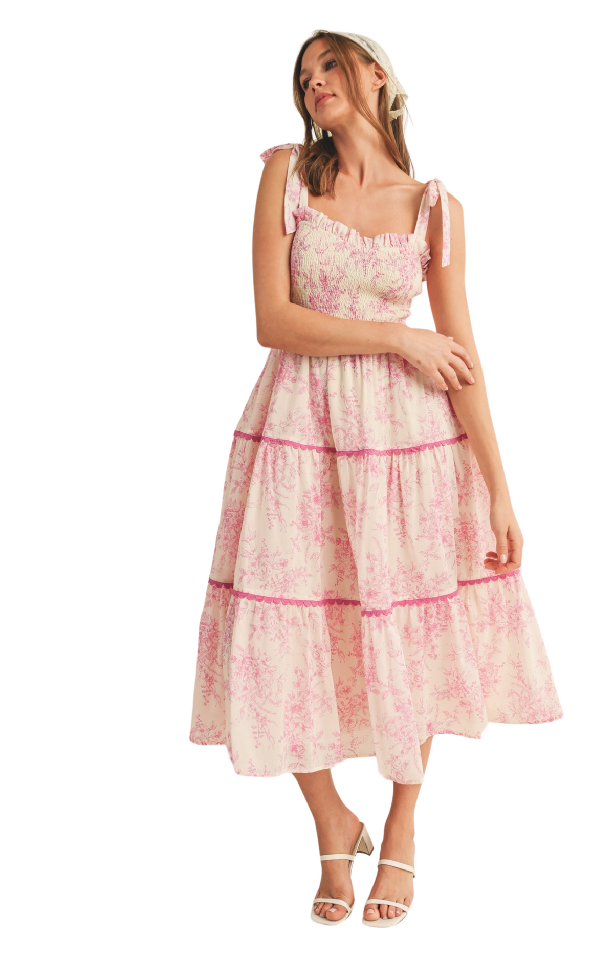 Pink Detail Tiered Floral Midi Dress