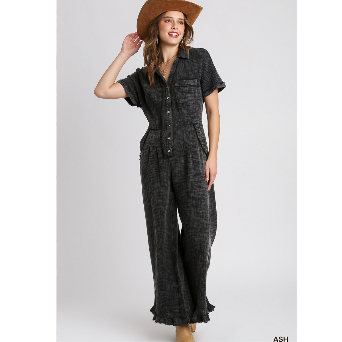 Black Mineral Washed Button Collared Jump Suit