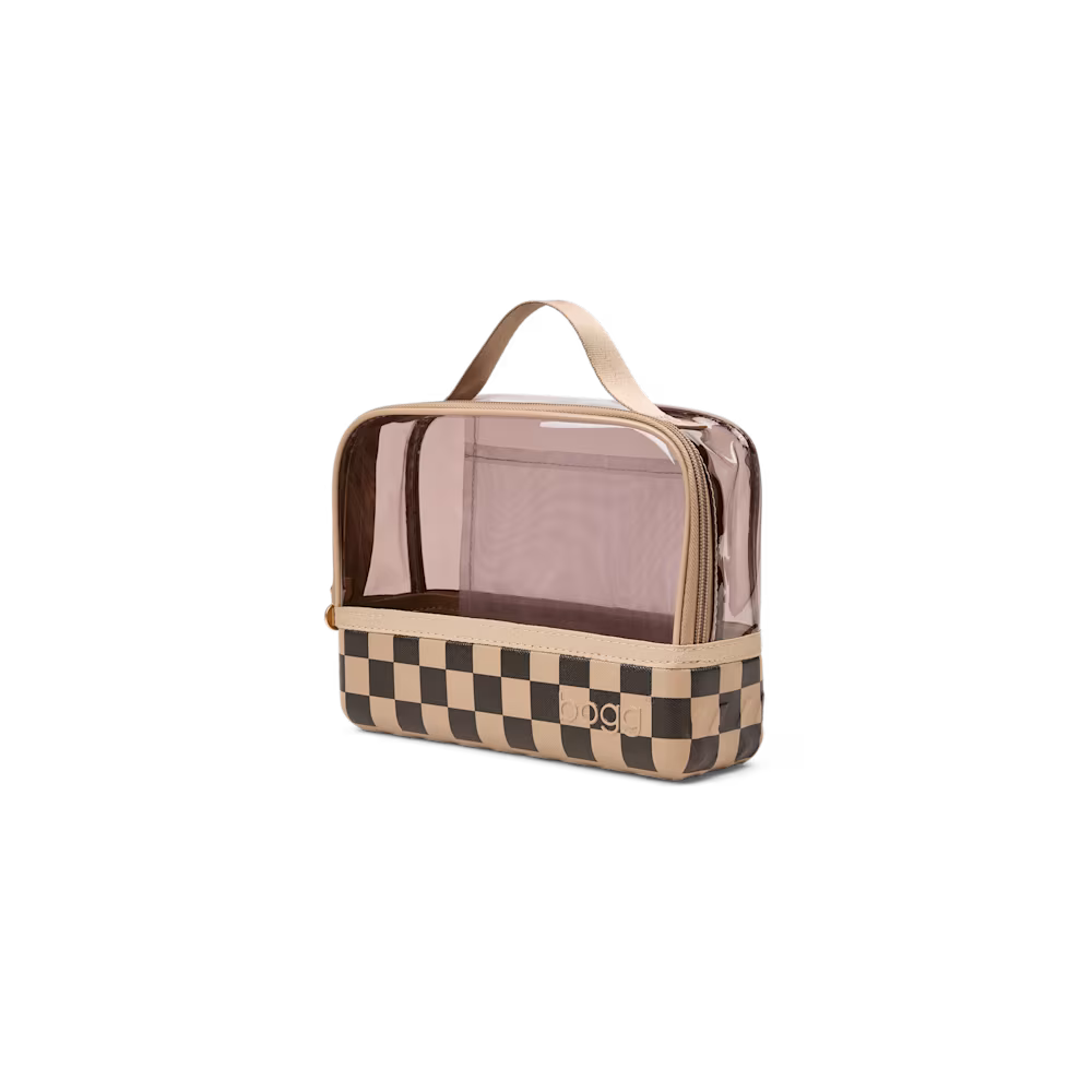 A rectangular toiletry bag with a transparent smoky pink upper section, a beige top handle, and a beige-and-dark-brown checkerboard lower section. A small interlocking 'BC' logo is visible on the front.