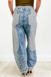 Contrast Panel Waistband Embroidered Trim Jogger Pants
