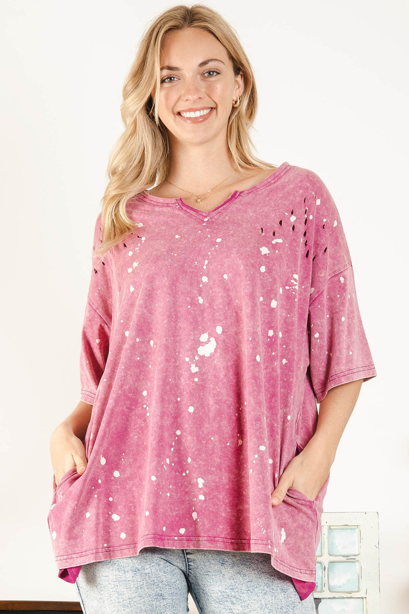 Magenta Washed Distressed V-Neck Top