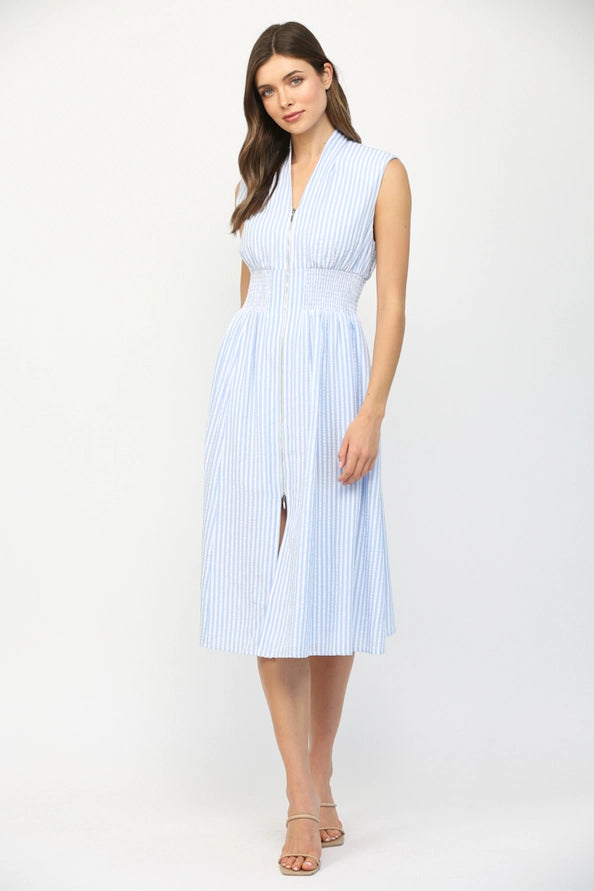 Striped Front Zip Closure V-Neckline Midi Dress