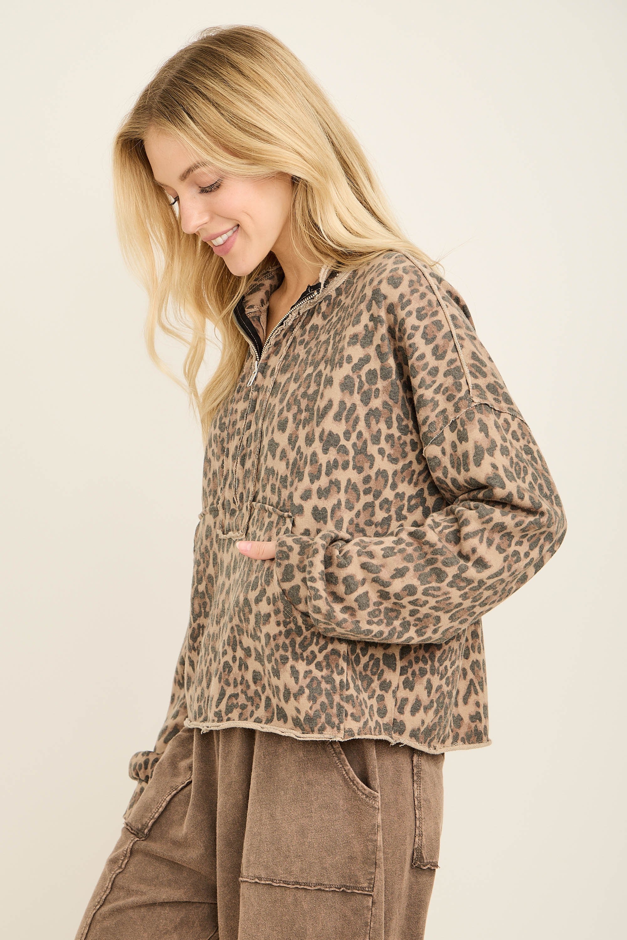 Trendy Leopard Print Half Zip Up Top