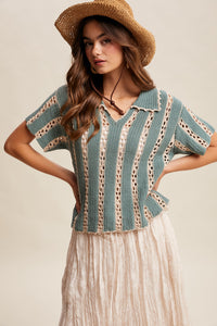 Woman wearing a crochet top and straw hat on a beige background