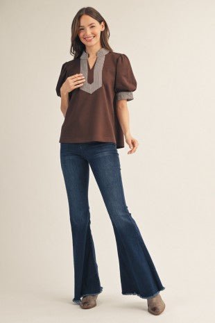 Mocha Contrast Trim Puff Sleeve Top
