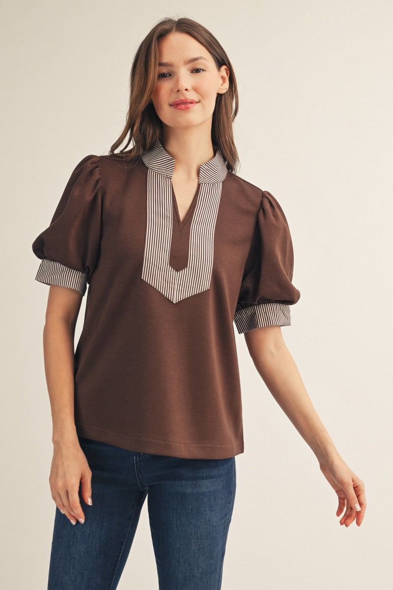 Mocha Contrast Trim Puff Sleeve Top