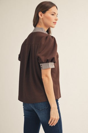 Mocha Contrast Trim Puff Sleeve Top