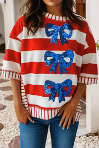 Sequin Bow Patriotic Half Sleeve Top
