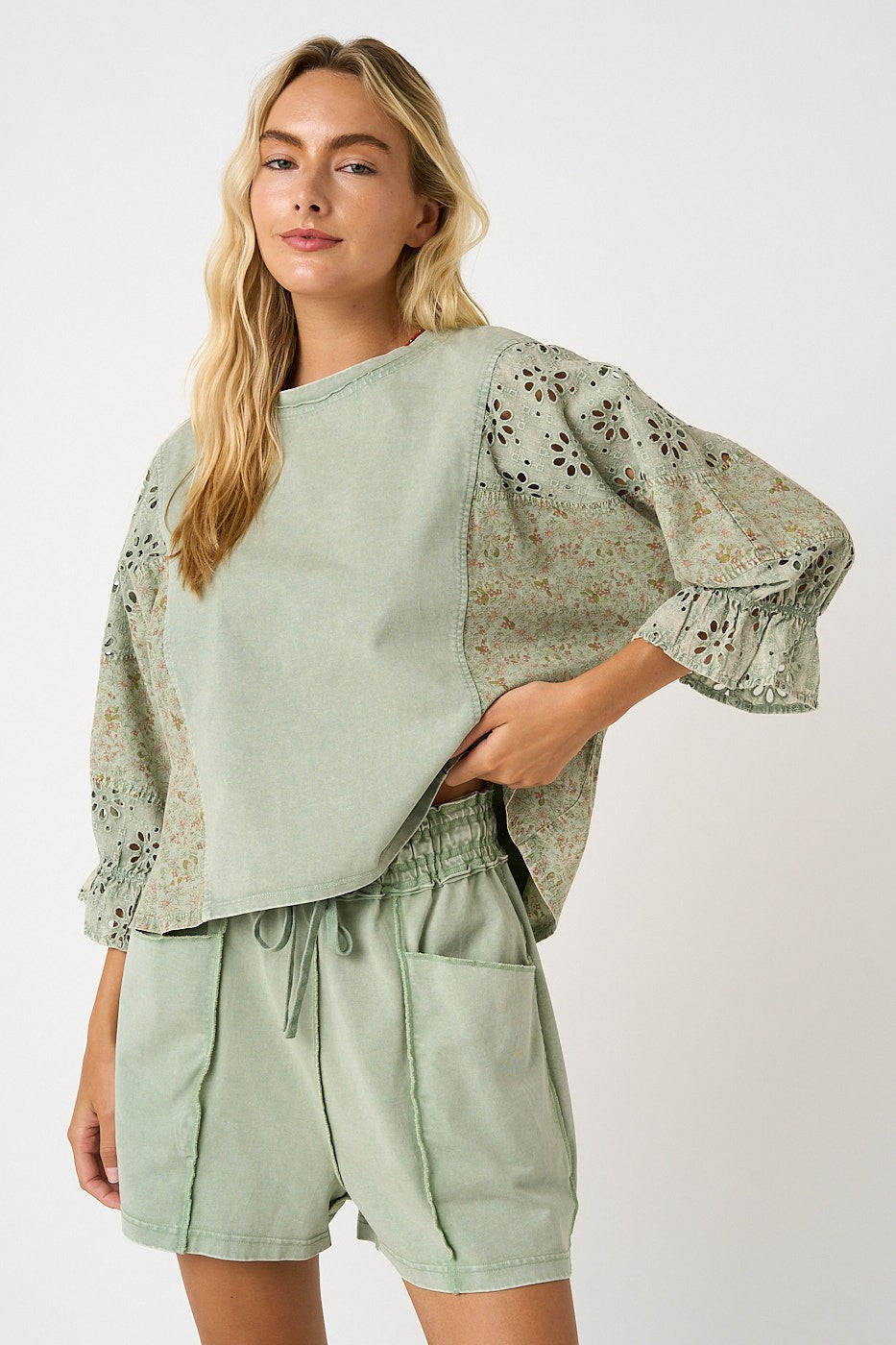 Eyelet Patchwork Ruffle Sleeve Top