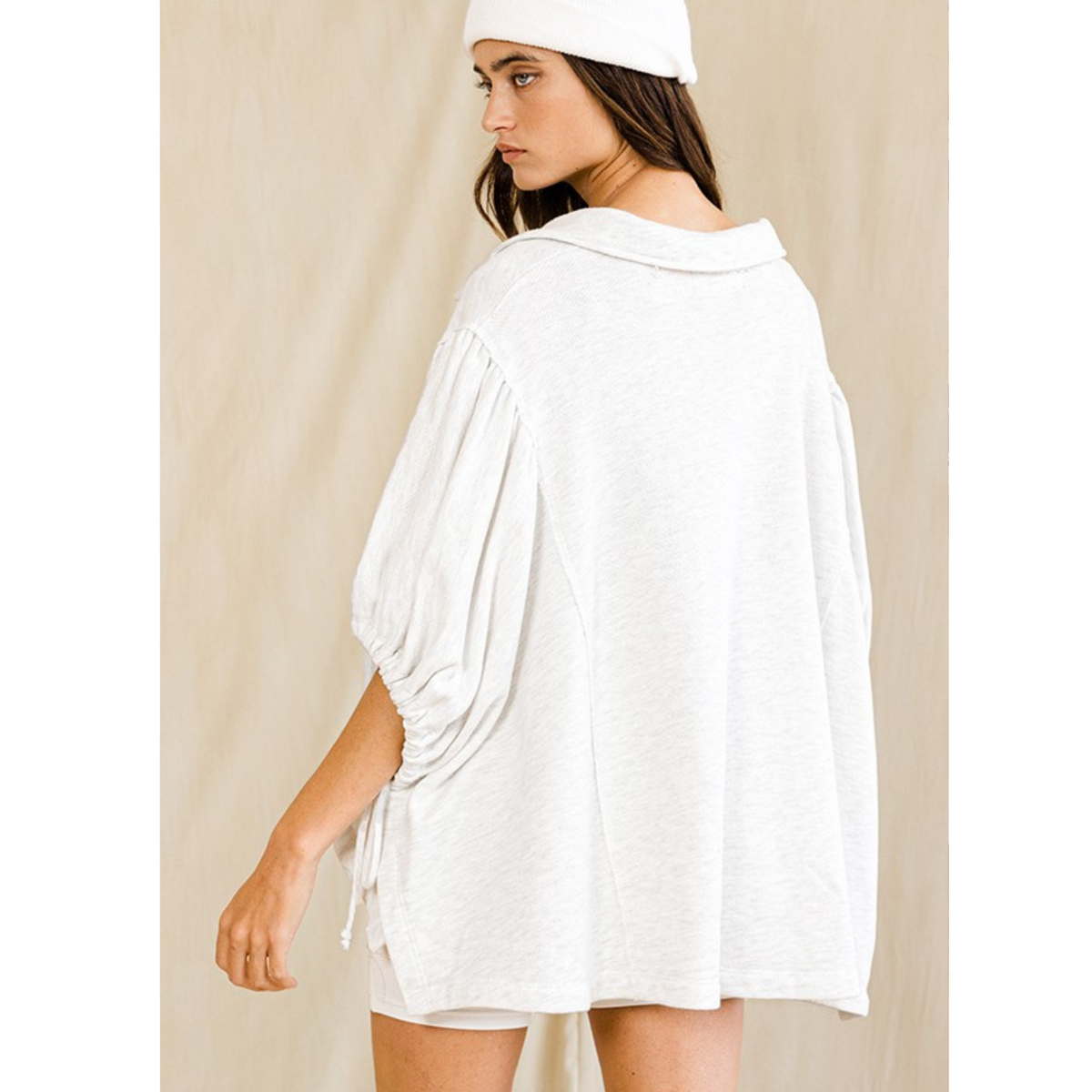 Oversized Drawstring Tie Sleeves Solid Top