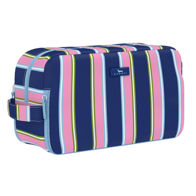 Striped toiletry bag with pink, blue, and green stripes on a white background