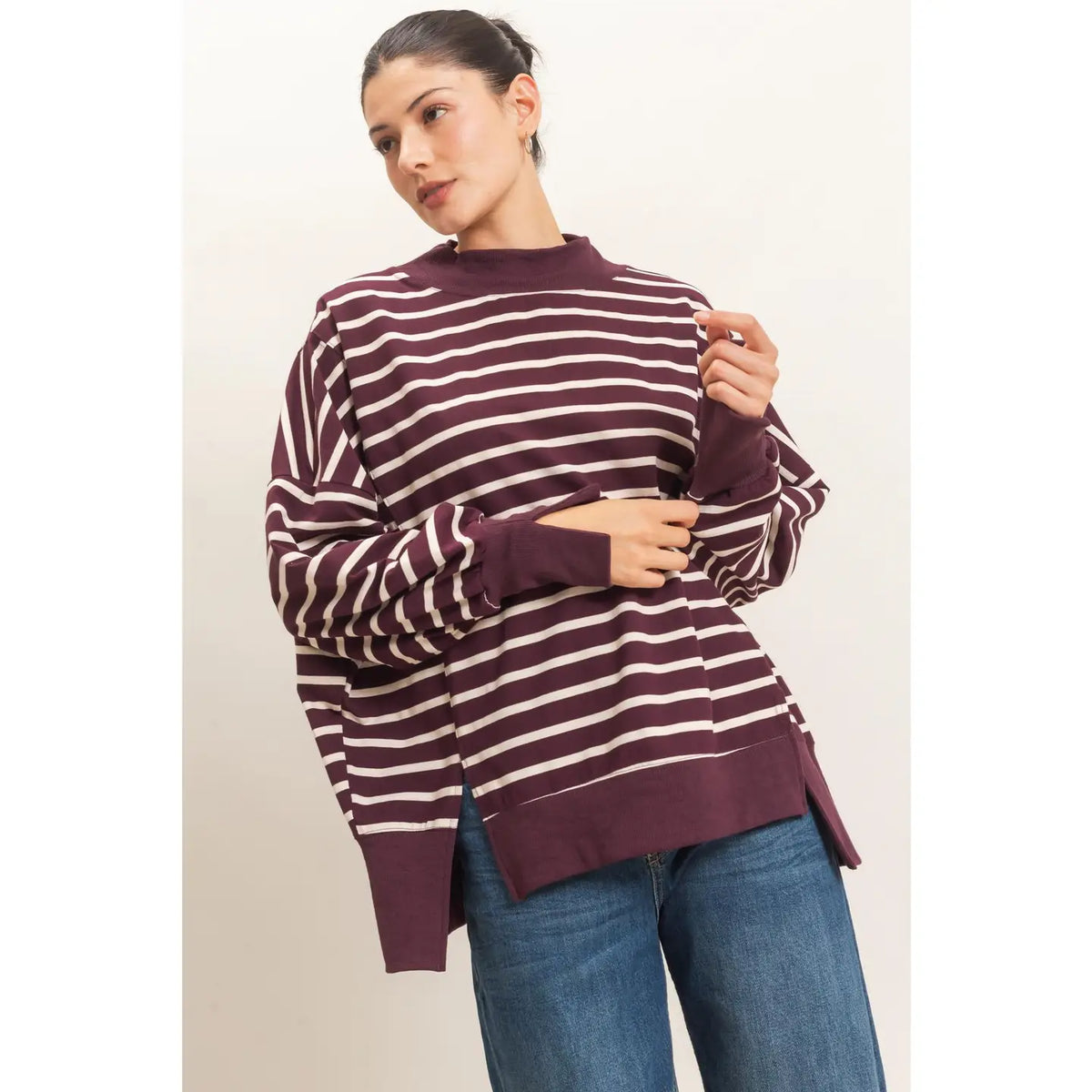 Striped mock neck top