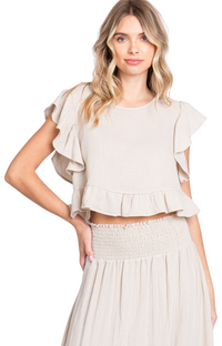 Tan Linen Butterfly Sleeve Crop Top 