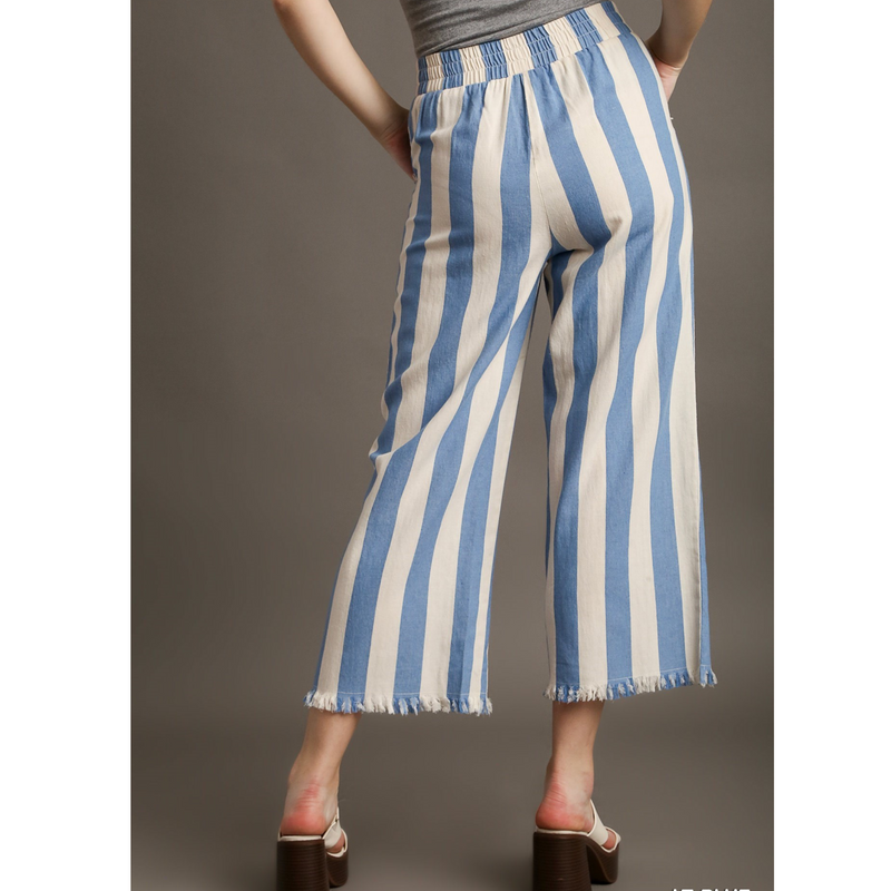Stripped Pants With Frayed Hem & Side Pockets