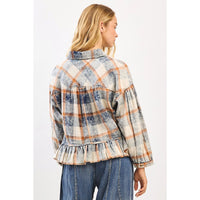 Washed Plaid Ruffle Hem Balloon Sleeve Shirt