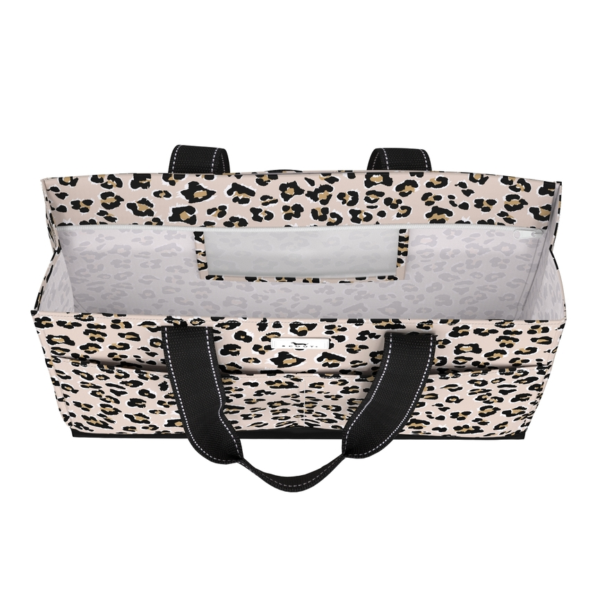 A leopard print diaper pail bag with black handles and a clear front window, shown open against a white background.